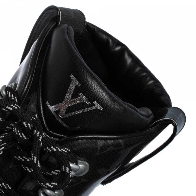 Pre Owned Louis Vuitton Grey/Black Monogram Patent Leather Lace Up Mid Calf Boots Size 41