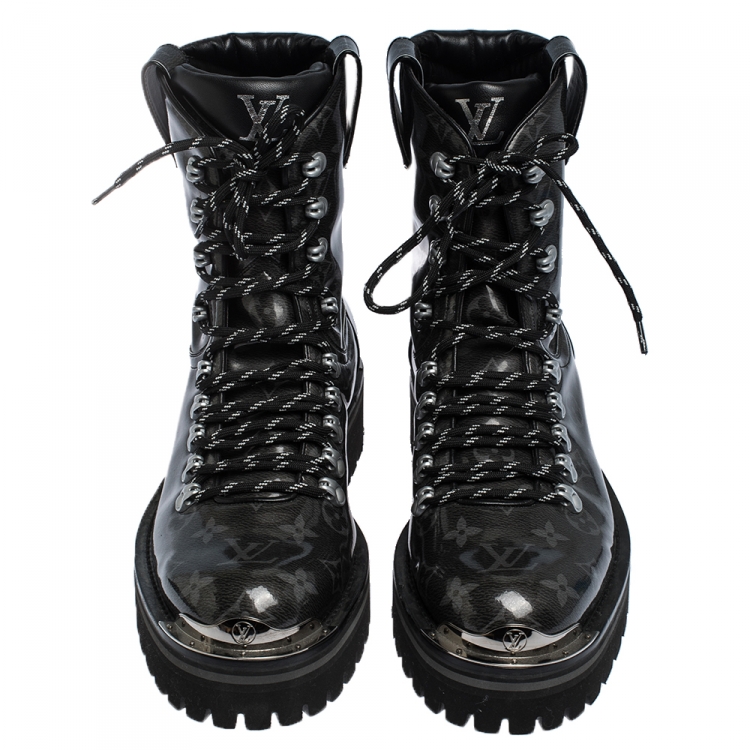 Pre Owned Louis Vuitton Grey/Black Monogram Patent Leather Lace Up Mid Calf Boots Size 41