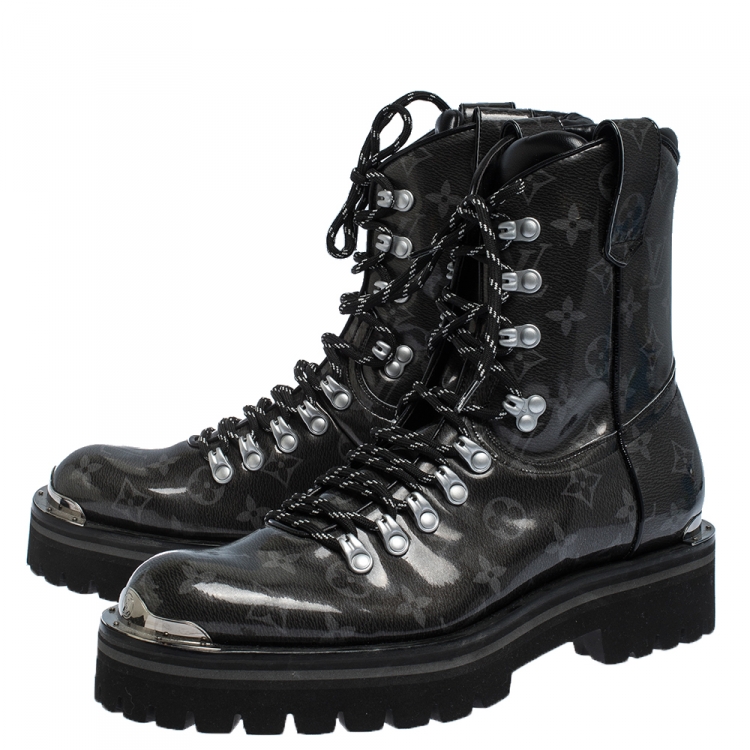 Pre Owned Louis Vuitton Grey/Black Monogram Patent Leather Lace Up Mid Calf Boots Size 41