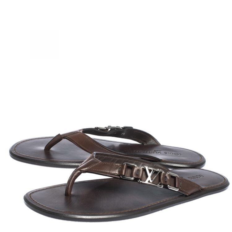 Pre Owned Louis Vuitton Brown Leather Hamptons Thong Sandals Size 41.5