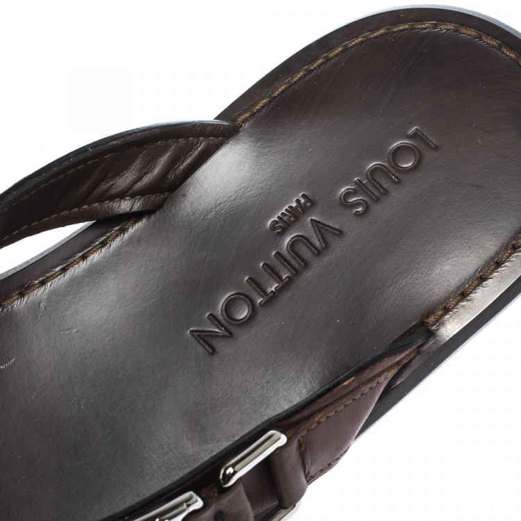 Pre Owned Louis Vuitton Brown Leather Hamptons Thong Sandals Size 41.5