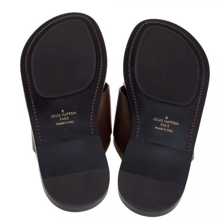 Pre Owned Louis Vuitton Brown Leather Foch Cross Strap Flat Slides Size 43.5