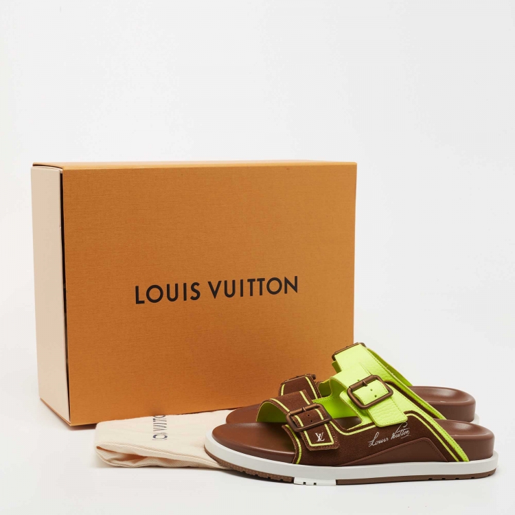 Pre Owned Louis Vuitton Green/Brown Leather and Suede Trainer Flat Slides Size 42