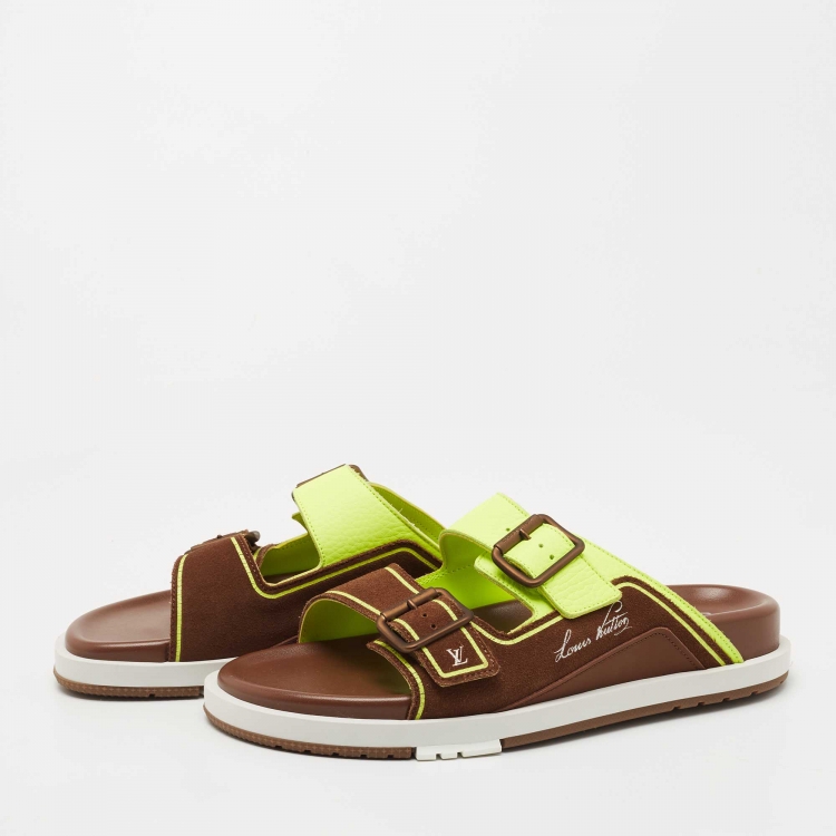 Louis Vuitton Green/Brown Leather and Suede Trainer Flat Slides