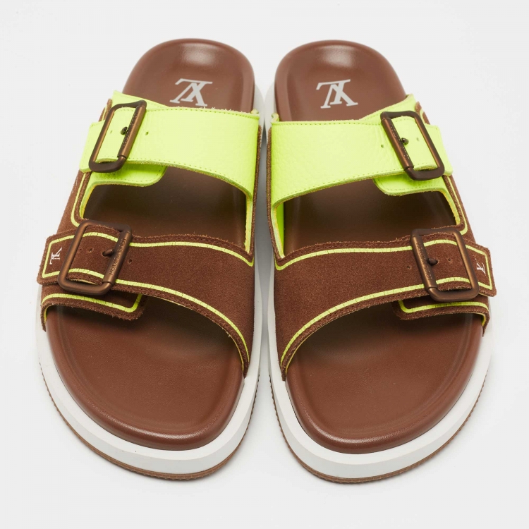 Pre Owned Louis Vuitton Green/Brown Leather and Suede Trainer Flat Slides Size 42