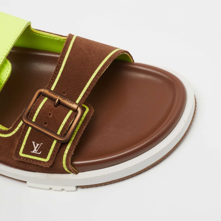 Pre Owned Louis Vuitton Green/Brown Leather and Suede Trainer Flat Slides Size 42