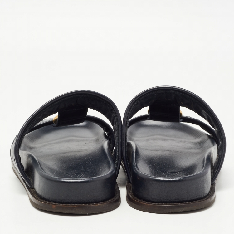 Pre Owned Louis Vuitton Navy Blue Ostrich Leather Slides Size 43.5