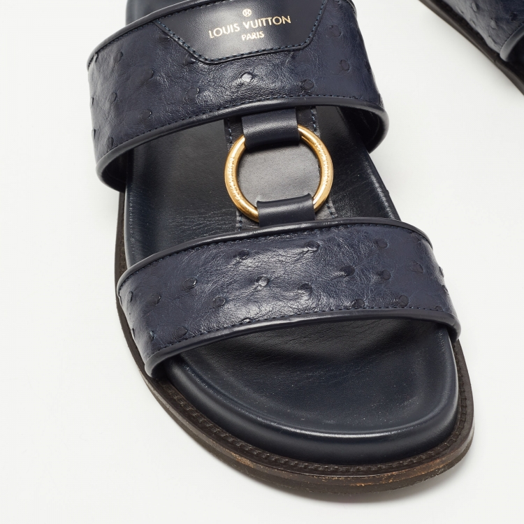 Pre Owned Louis Vuitton Navy Blue Ostrich Leather Slides Size 43.5