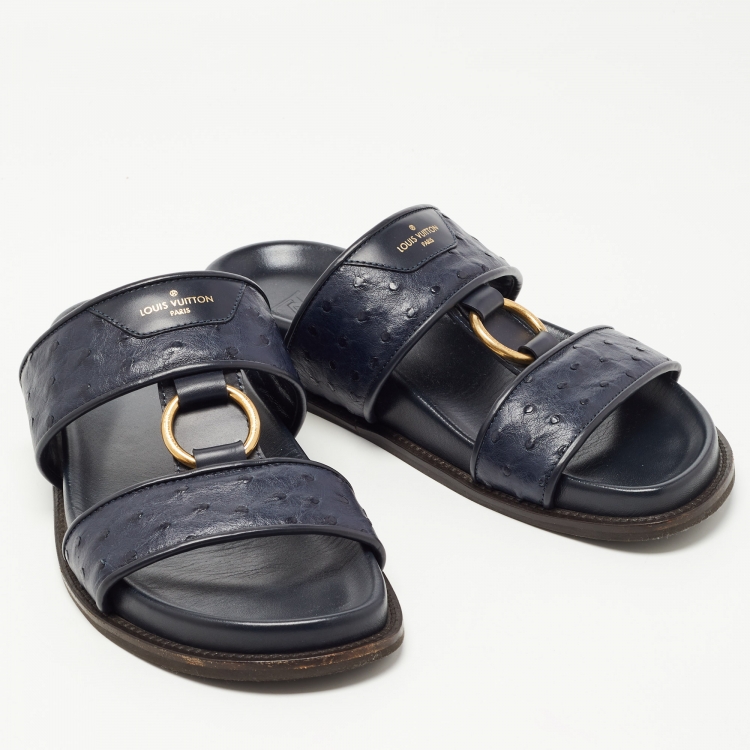 Pre Owned Louis Vuitton Navy Blue Ostrich Leather Slides Size 43.5