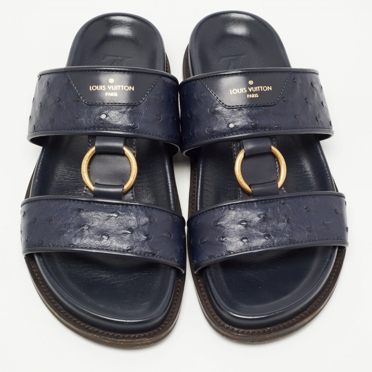 Pre Owned Louis Vuitton Navy Blue Ostrich Leather Slides Size 43.5