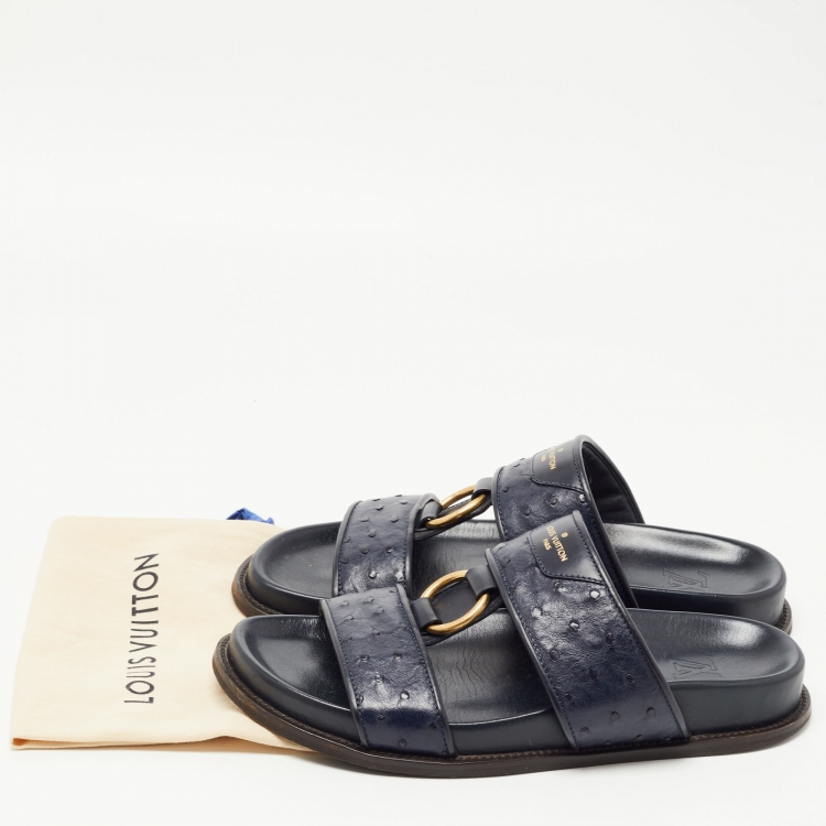 Pre Owned Louis Vuitton Navy Blue Ostrich Leather Slides Size 43.5