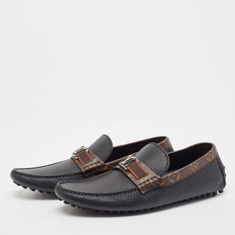 Pre Owned Louis Vuitton Black/Brown Monogram Canvas and Leather Slip On Loafers Size 40