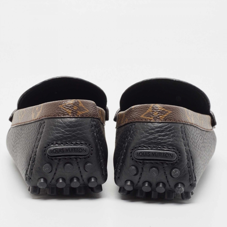 Pre Owned Louis Vuitton Black/Brown Monogram Canvas and Leather Slip On Loafers Size 40