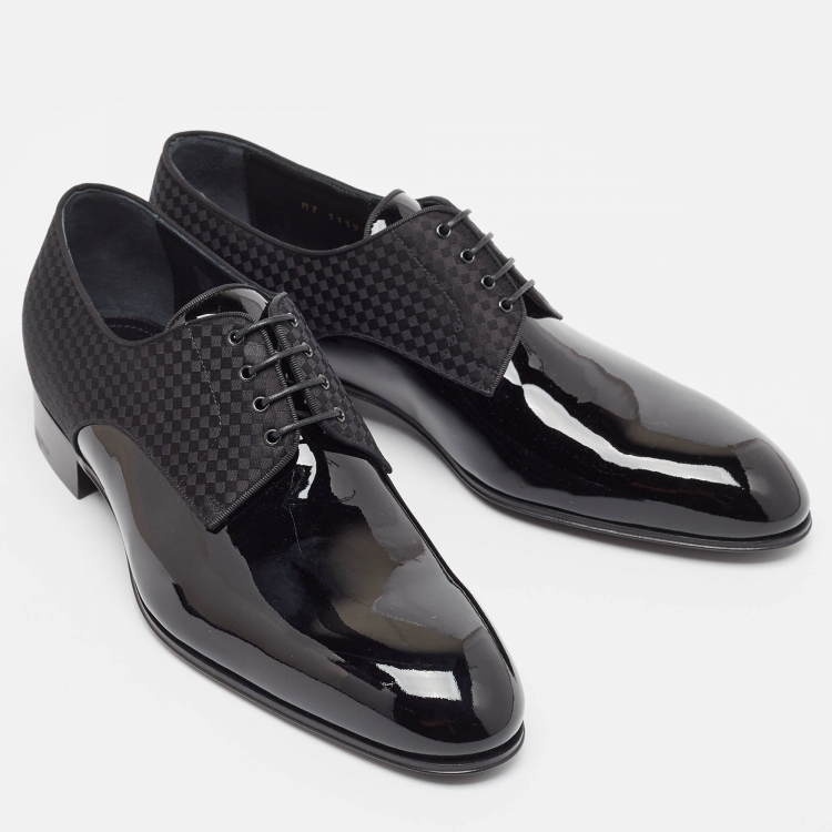 Pre Owned Louis Vuitton Black Petit Damier Fabric and Patent Leather Solferino Derby Size 41