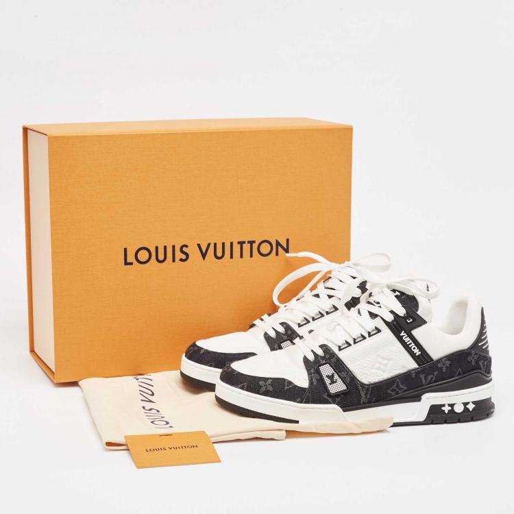 Pre Owned Louis Vuitton Black/White Leather and Denim Trainer Sneakers Size 43
