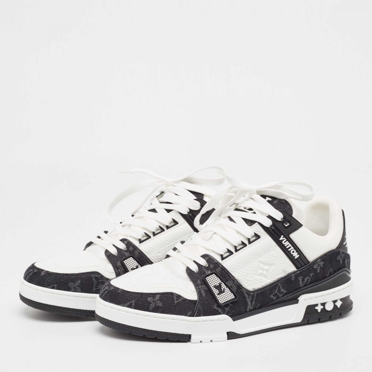 Pre Owned Louis Vuitton Black/White Leather and Denim Trainer Sneakers Size 43