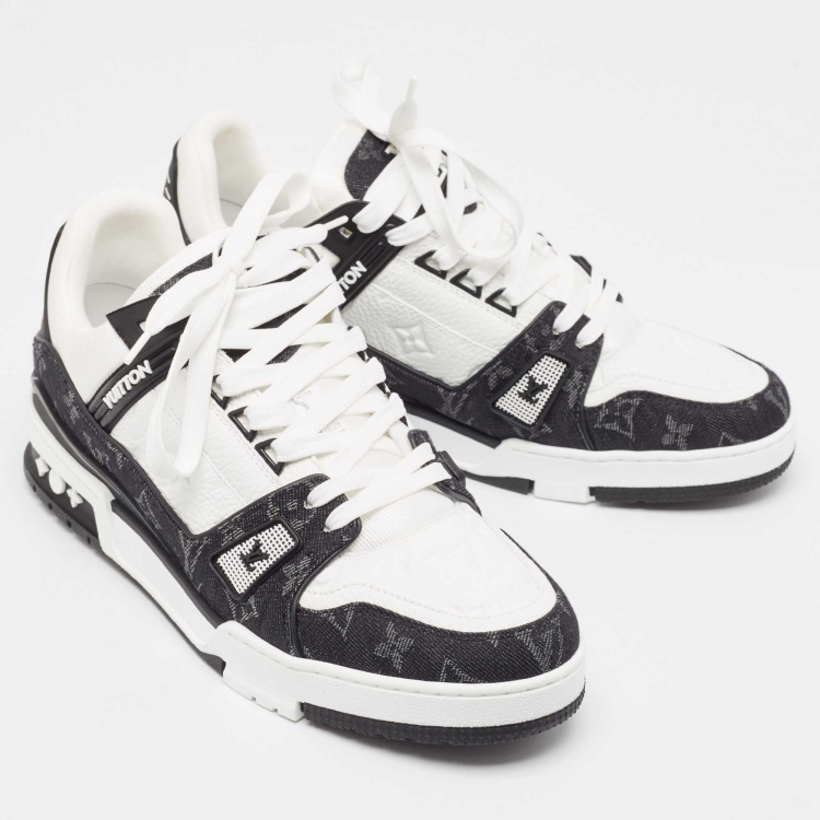 Pre Owned Louis Vuitton Black/White Leather and Denim Trainer Sneakers Size 43