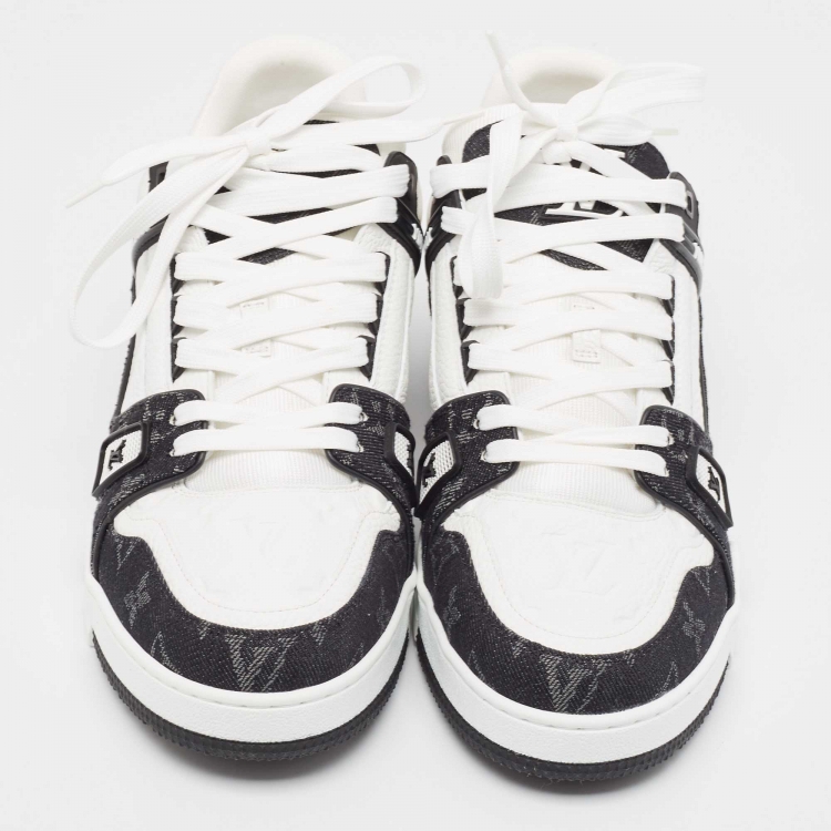 Pre Owned Louis Vuitton Black/White Leather and Denim Trainer Sneakers Size 43