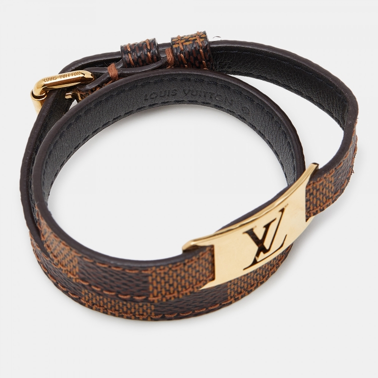 Pre Owned Louis Vuitton Gold Tone Sign It Damier Ebene Leather Bracelet