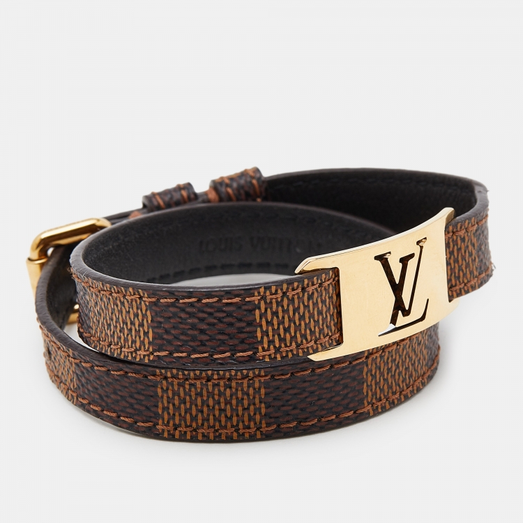 Pre Owned Louis Vuitton Gold Tone Sign It Damier Ebene Leather Bracelet