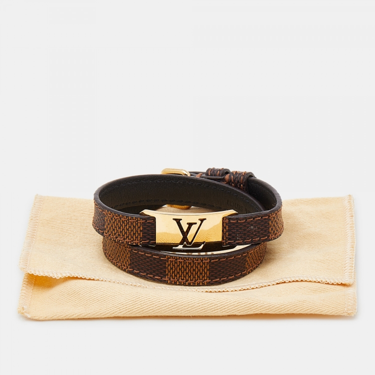 Pre Owned Louis Vuitton Gold Tone Sign It Damier Ebene Leather Bracelet