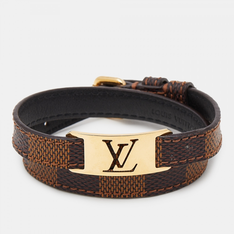 Pre Owned Louis Vuitton Gold Tone Sign It Damier Ebene Leather Bracelet