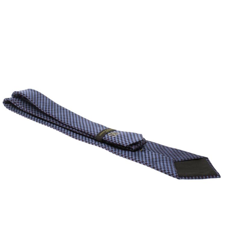 Pre Owned Louis Vuitton Navy Blue Petit Damier Pattern Jacquard Silk Tie