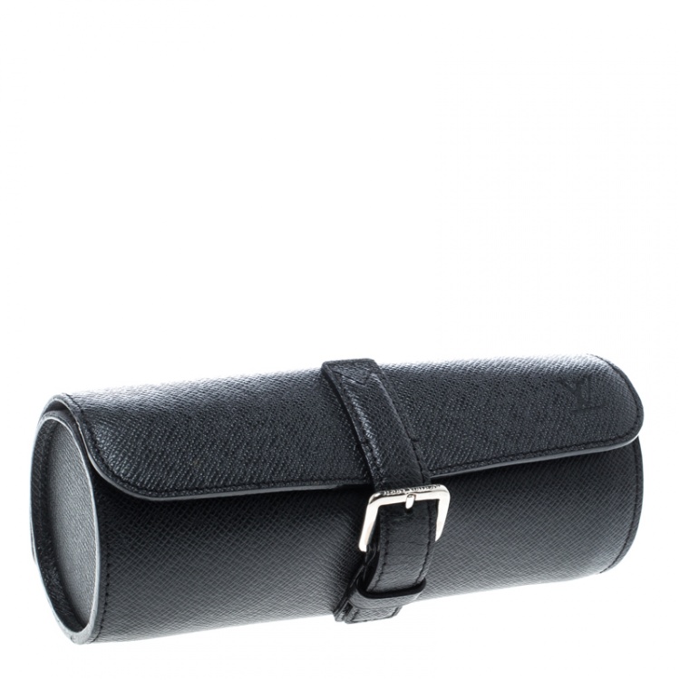 Pre Owned Louis Vuitton Black Taiga Leather 3 Watch Case  