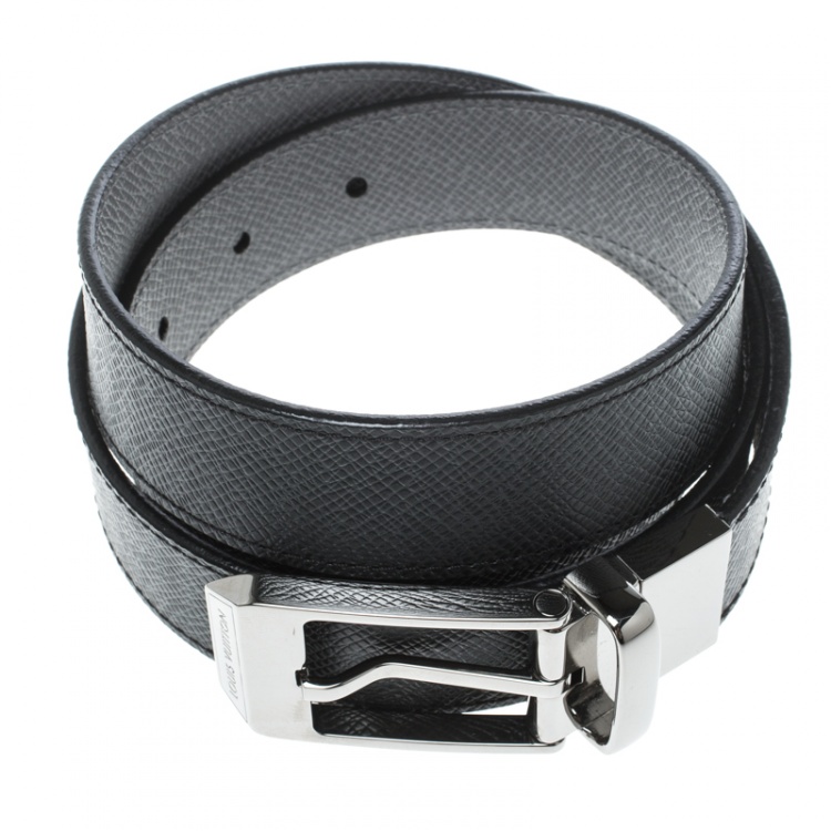 Pre Owned Louis Vuitton Black/Grey Taiga Leather Slender Reversible Belt 95cm