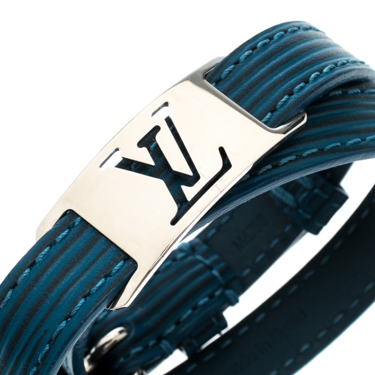 Pre Owned Louis Vuitton Blue Leather Silver Tone Wrap Bracelet 19