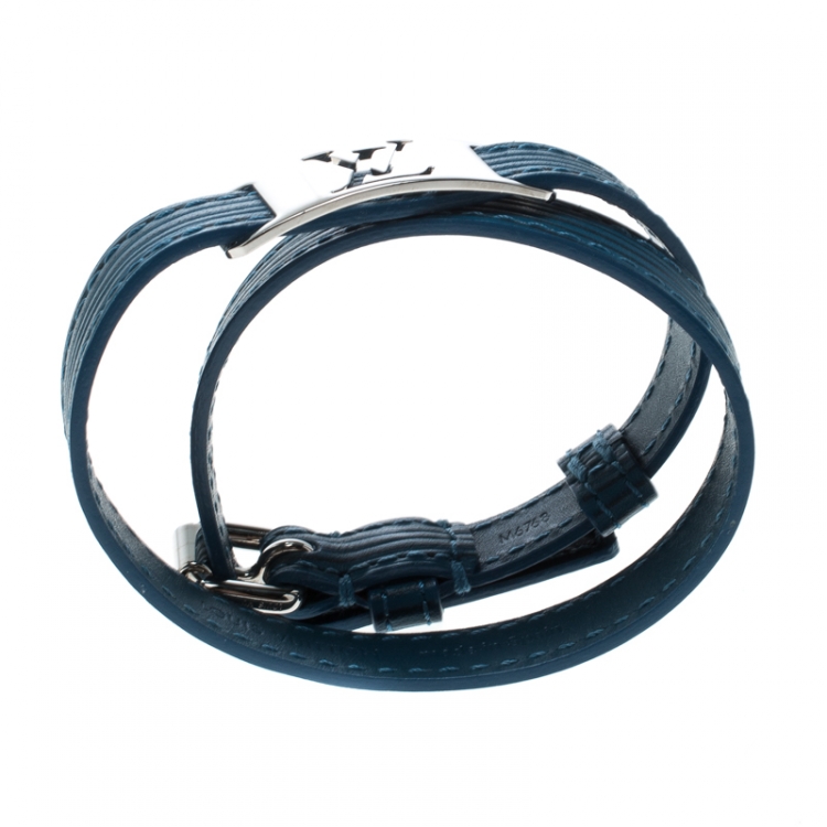 Pre Owned Louis Vuitton Blue Leather Silver Tone Wrap Bracelet 19