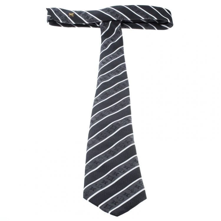 مملوكة مسبقًا Louis Vuitton Grey and Black Striped Damier Monogram Silk Jacquard Tie