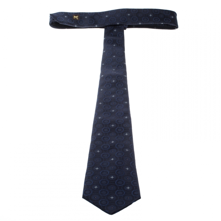 Pre Owned Louis Vuitton Navy Blue Monogram Patterned Silk Quatrefoil Jacquard Tie