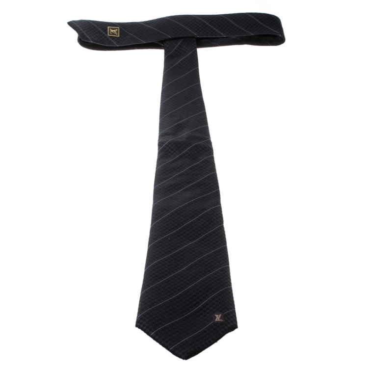 مملوكة مسبقًا Louis Vuitton Black Damier Patterned Striped Silk Jacquard Ecu Tie