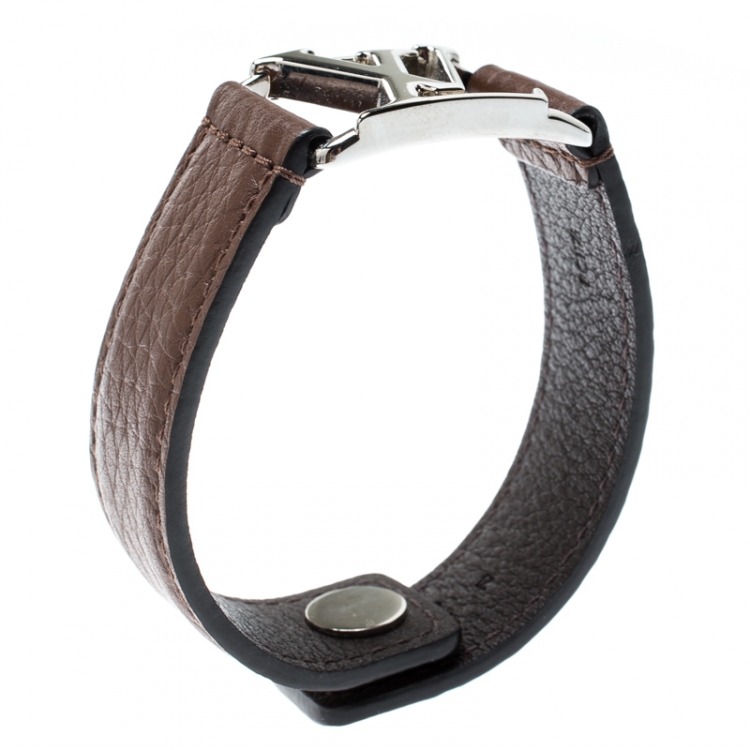 Pre Owned Louis Vuitton Hockenheim Brown Leather Silver Tone Bracelet