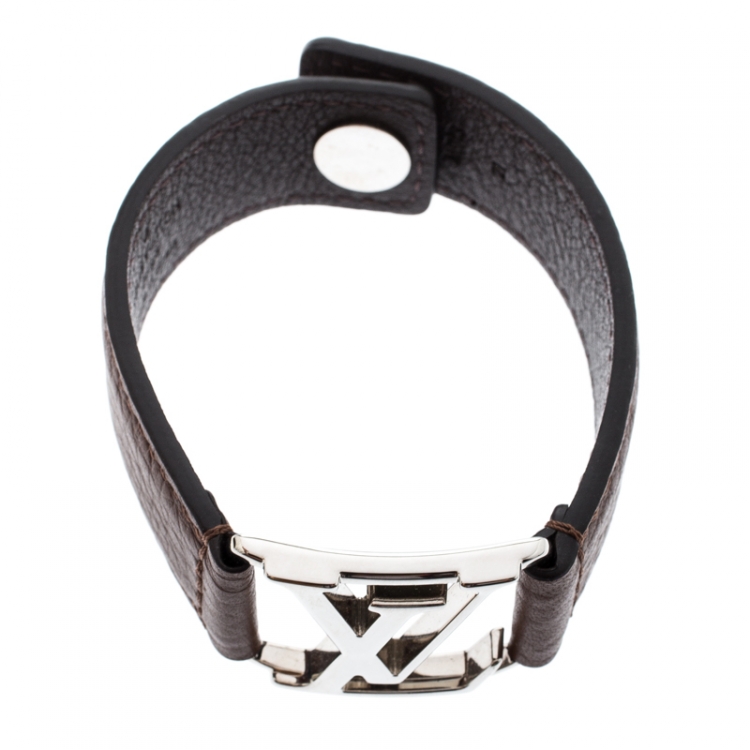 Pre Owned Louis Vuitton Hockenheim Brown Leather Silver Tone Bracelet