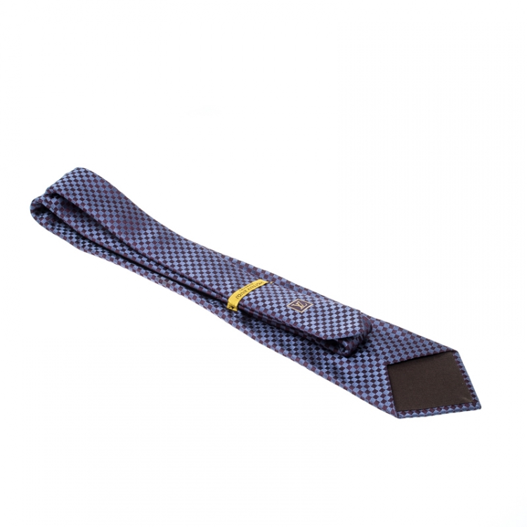 Pre Owned Louis Vuitton Navy Blue Petit Damier Pattern Jacquard Silk Classic Tie