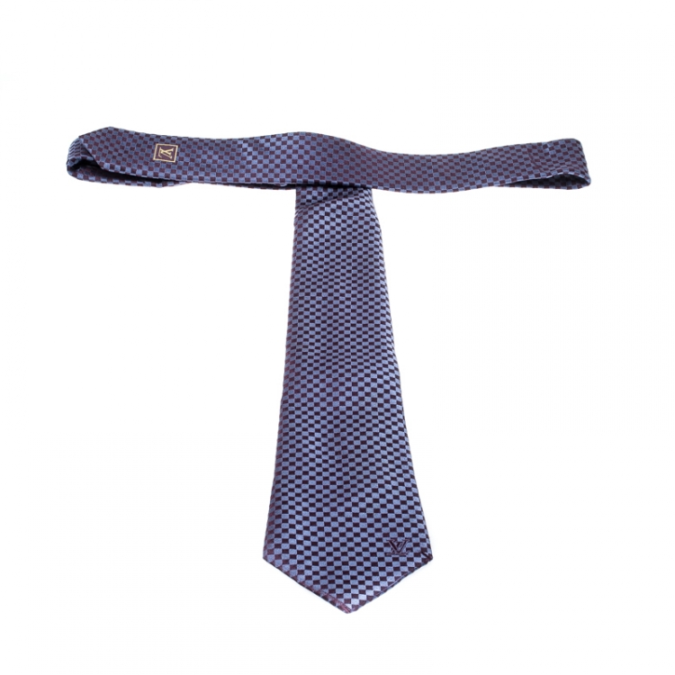 Pre Owned Louis Vuitton Navy Blue Petit Damier Pattern Jacquard Silk Classic Tie