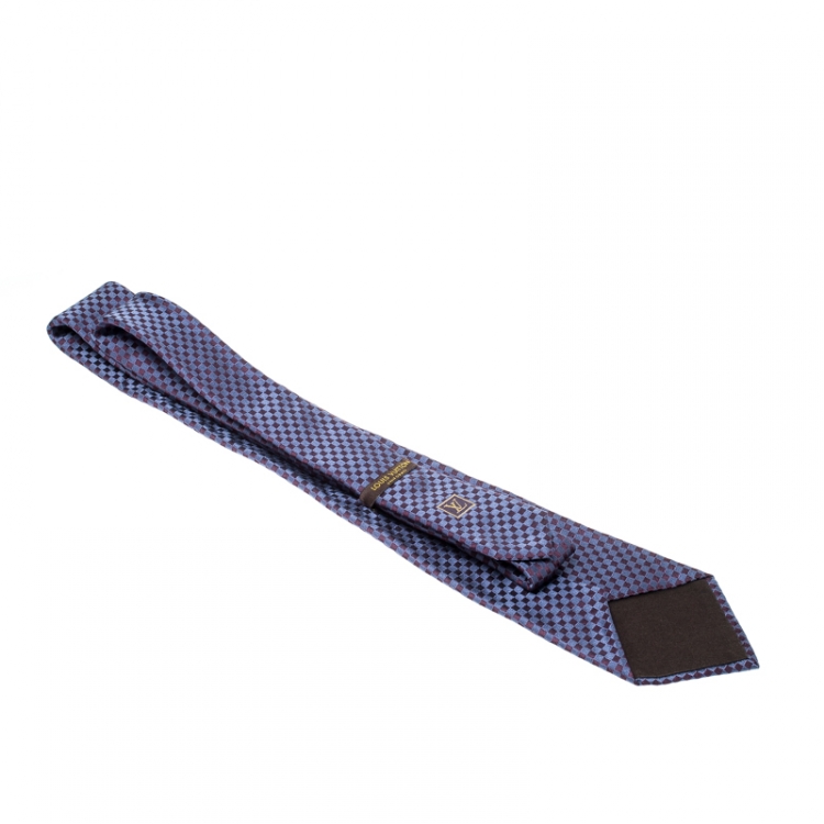 Pre Owned Louis Vuitton Navy Blue Petit Damier Pattern Jacquard Silk Classic Tie