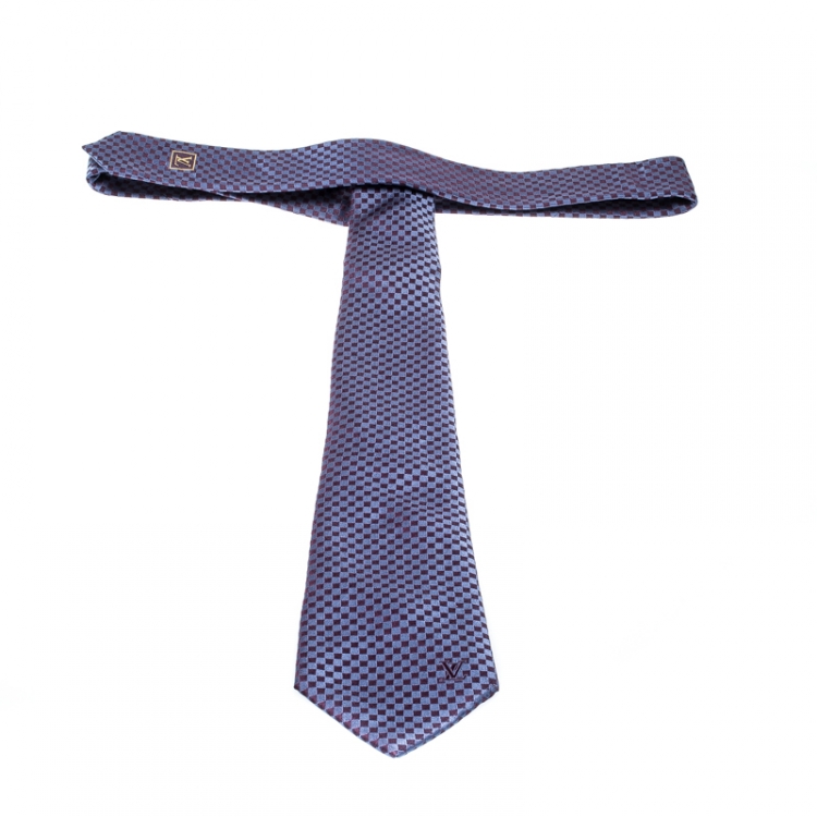 Pre Owned Louis Vuitton Navy Blue Petit Damier Pattern Jacquard Silk Classic Tie