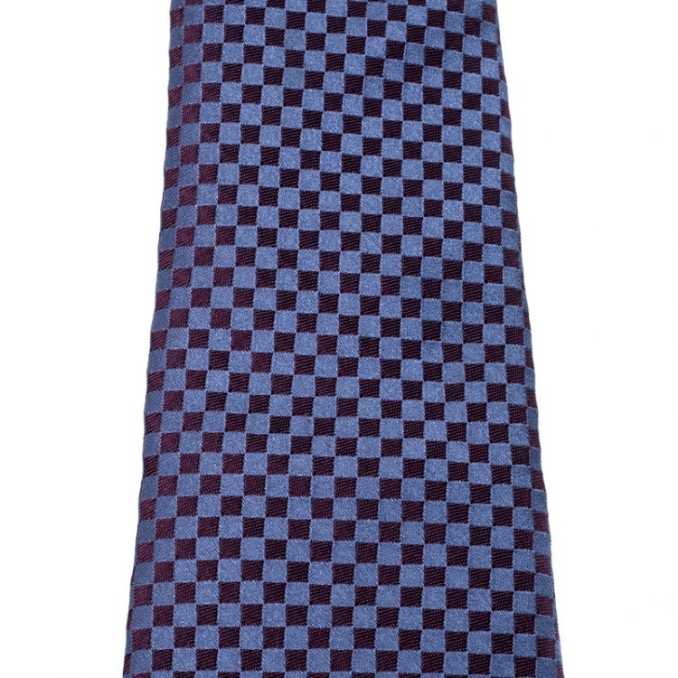 Pre Owned Louis Vuitton Navy Blue Petit Damier Pattern Jacquard Silk Classic Tie