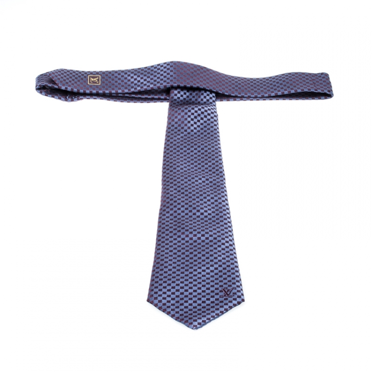 Pre Owned Louis Vuitton Navy Blue Petit Damier Pattern Jacquard Silk Classic Tie