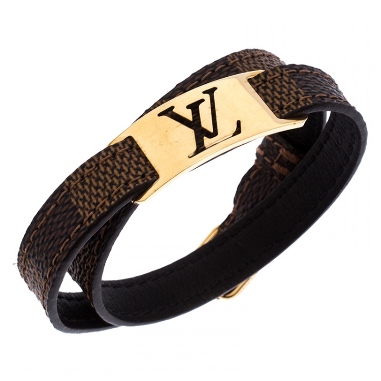 مملوكة مسبقًا Louis Vuitton Gold Tone Sign It Damier Ebene Leather Bracelet