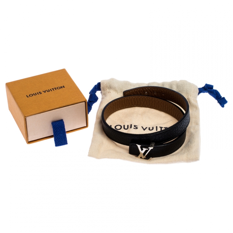Pre Owned Louis Vuitton LV Initials Black/Brown Reversible Leather Double Wrap Bracelet