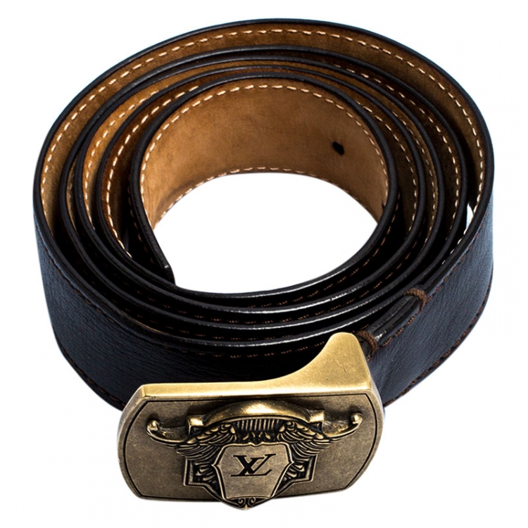 Pre Owned Louis Vuitton Dark Brown Leather Utah Ecusson Buckle Belt 110CM