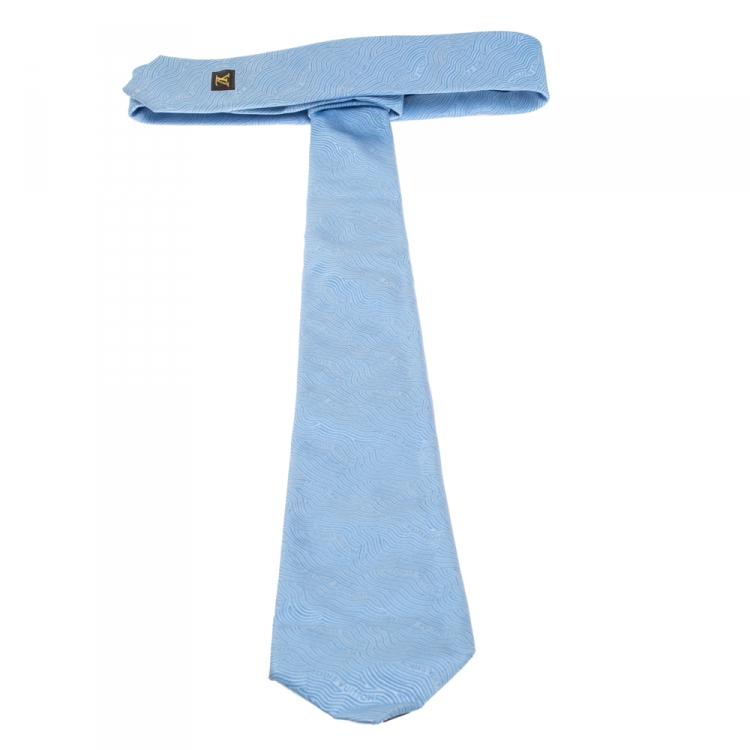 Pre Owned Louis Vuitton Sky Blue Jacquard Logo Silk Tie M