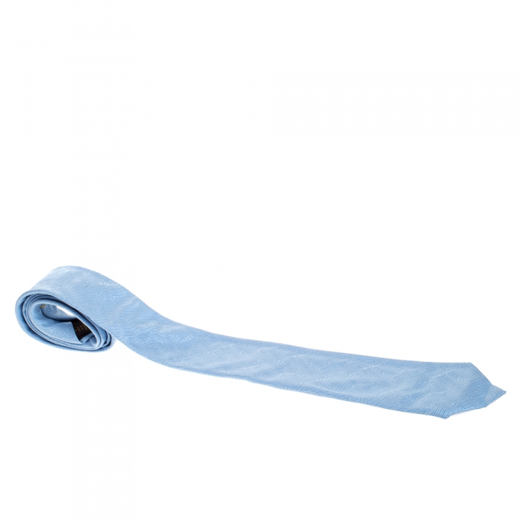 Pre Owned Louis Vuitton Sky Blue Jacquard Logo Silk Tie M