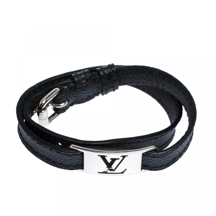 Pre Owned Louis Vuitton Sign It Damier Leather Silver Tone Double Wrap Bracelet