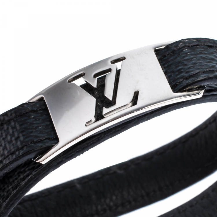 Pre Owned Louis Vuitton Sign It Damier Leather Silver Tone Double Wrap Bracelet