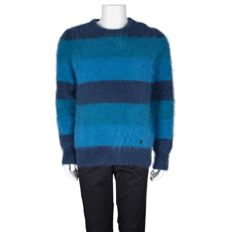 Louis Vuitton Blue Striped Angora Hair Fuzzy Sweater L Louis